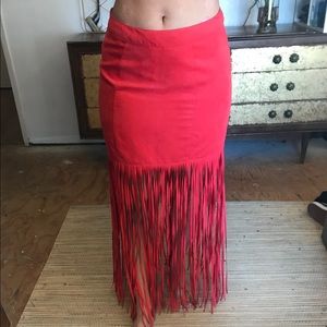 Faux suede coral colors fringe skirt